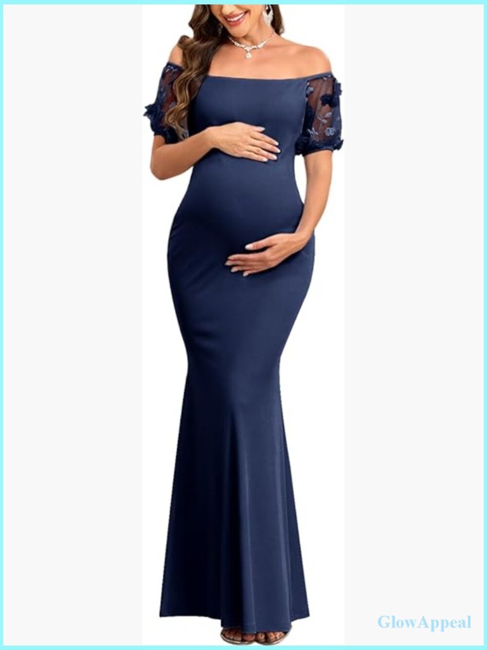 Maternity Evening Gown Off Shoulder 3D Floral Mesh Sleeves Mermaid Maxi Dress